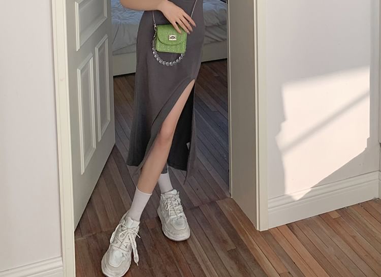 Neck Strap Open Spaghetti Back Plain Scoop Mermaid Slit Midi Dress