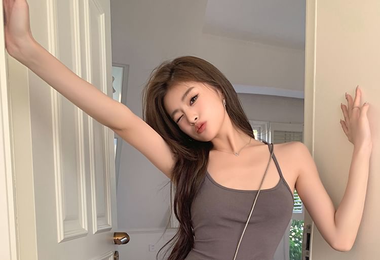 Neck Strap Open Spaghetti Back Plain Scoop Mermaid Slit Midi Dress