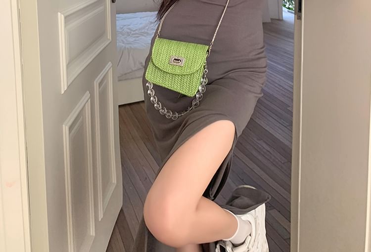 Neck Strap Open Spaghetti Back Plain Scoop Mermaid Slit Midi Dress