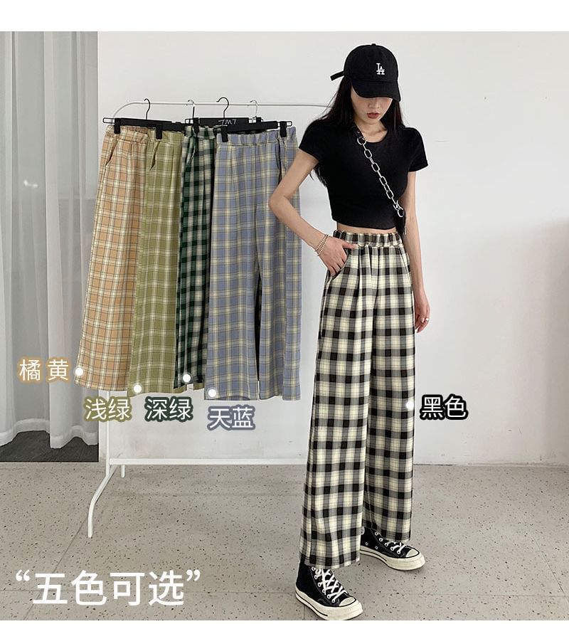 Elastic Plaid Wide Leg Waist Pants