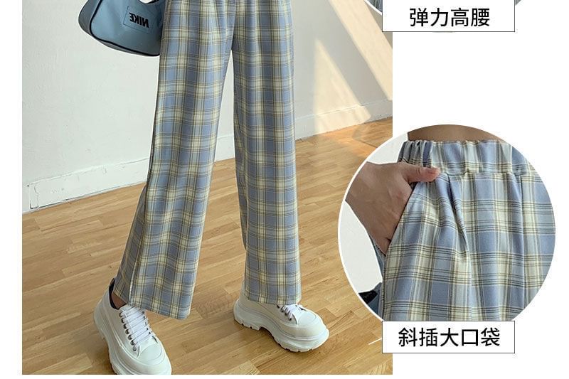 Elastic Plaid Wide Leg Waist Pants