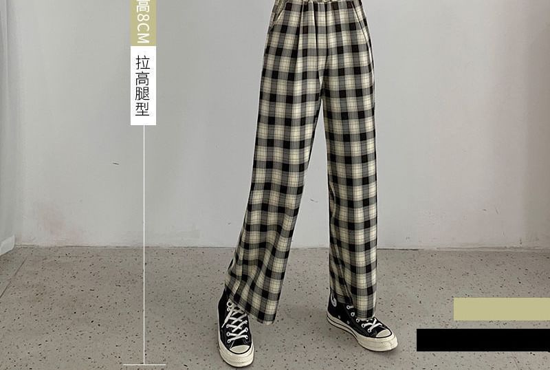 Elastic Plaid Wide Leg Waist Pants