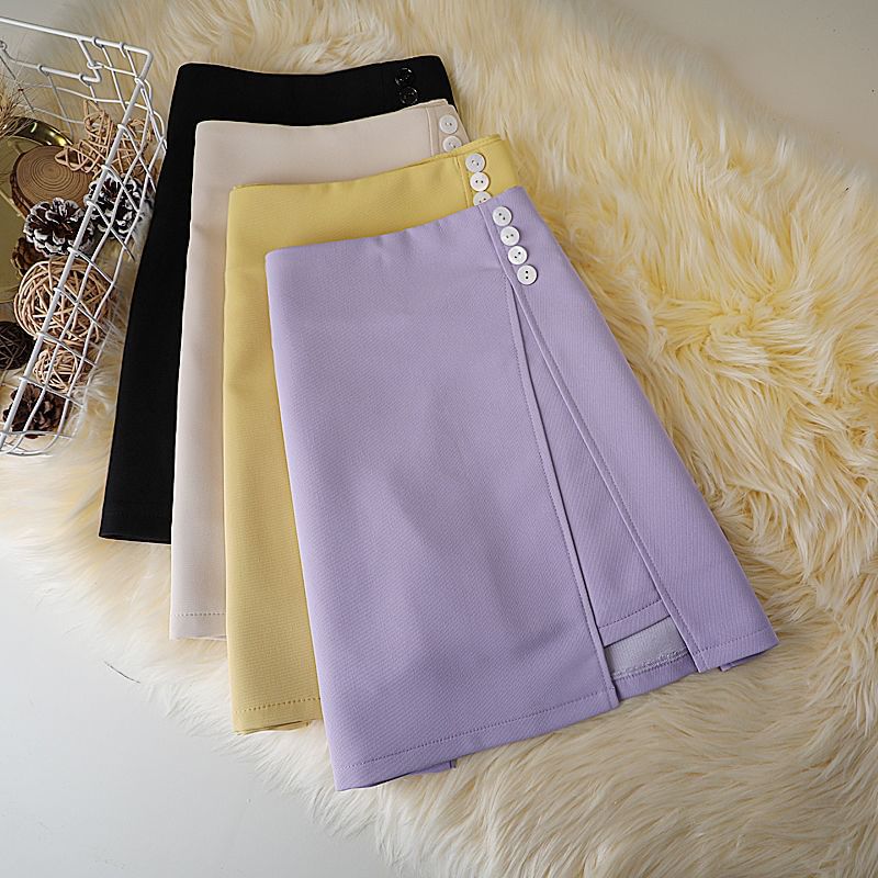 Mini Waist Skirt High Plain A-Line Button Panel