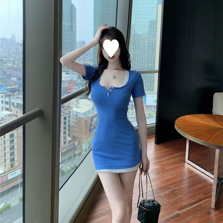 Sheath Short-Sleeve Mini Piece Henley Dress Mock Two