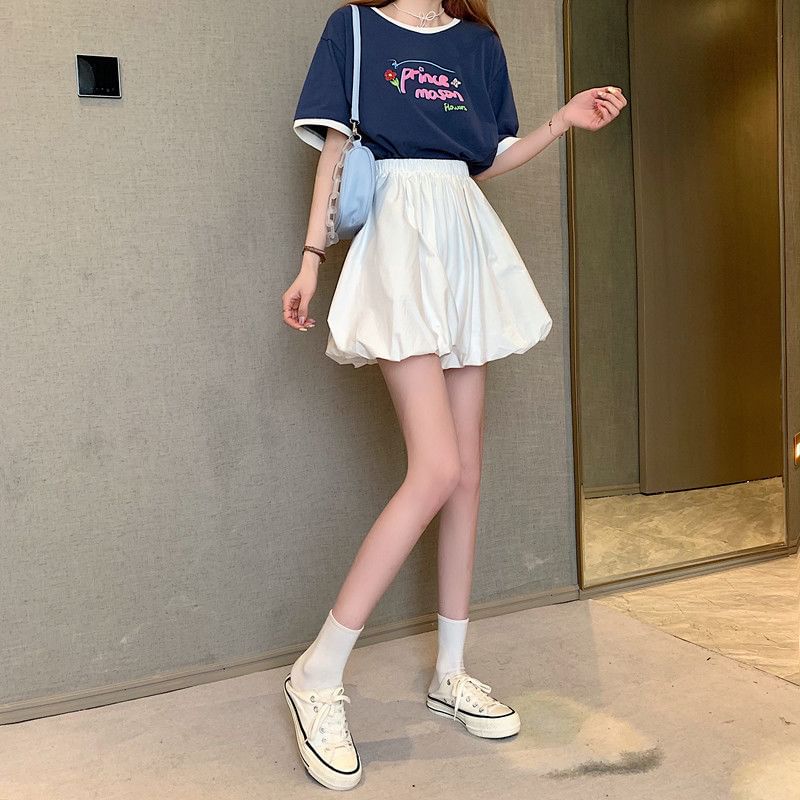 Mini A-Line Waist Balloon Plain Elastic Skirt