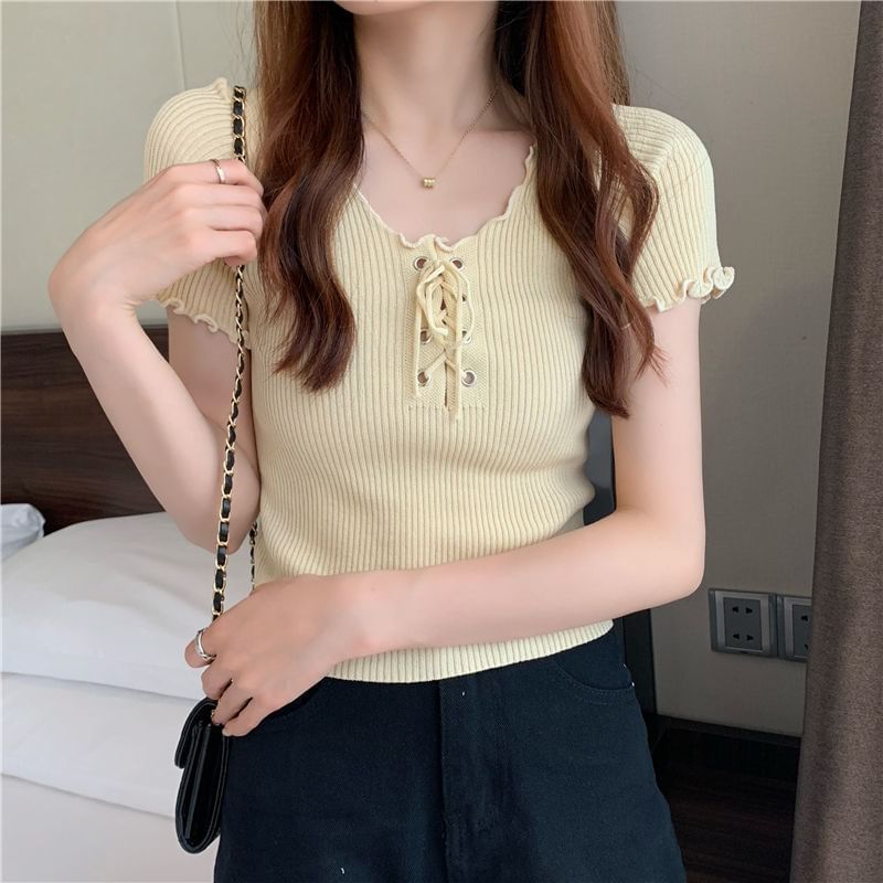 Up V-Neck Lace Knit Plain Ribbed Short-Sleeve Top