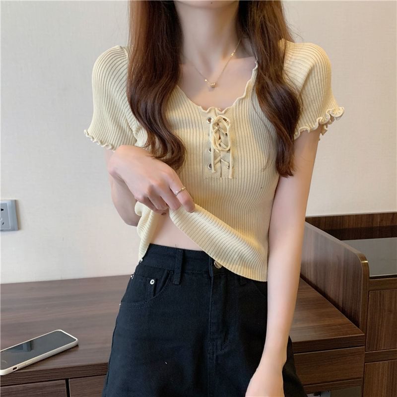 Up V-Neck Lace Knit Plain Ribbed Short-Sleeve Top