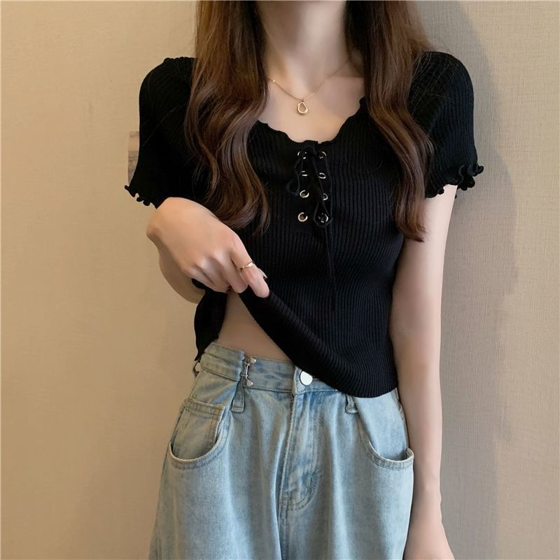 Up V-Neck Lace Knit Plain Ribbed Short-Sleeve Top