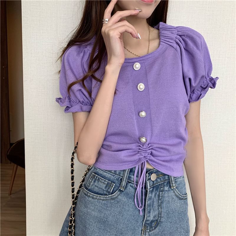 Short-Sleeve Knit Neck Button Plain Faux Square Pearl Drawstring Top