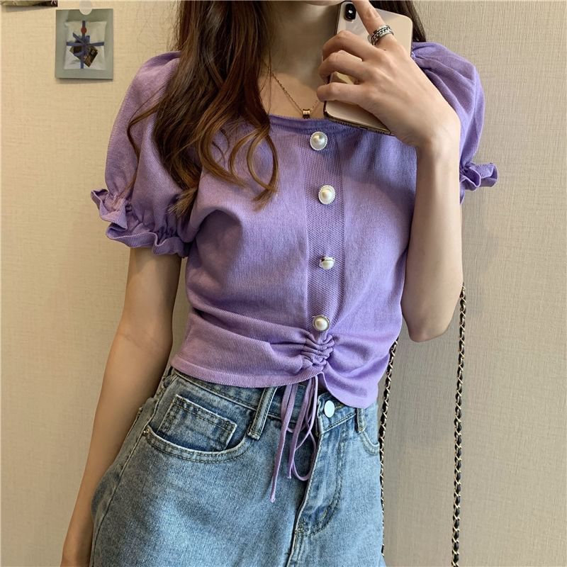 Short-Sleeve Knit Neck Button Plain Faux Square Pearl Drawstring Top