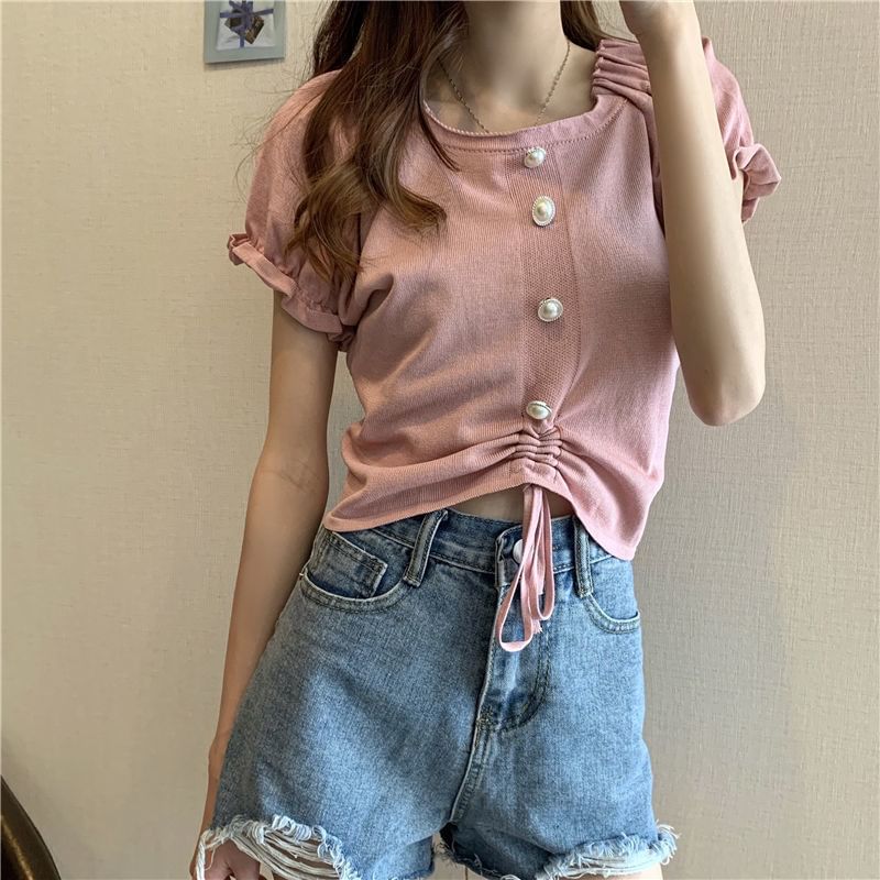 Short-Sleeve Knit Neck Button Plain Faux Square Pearl Drawstring Top