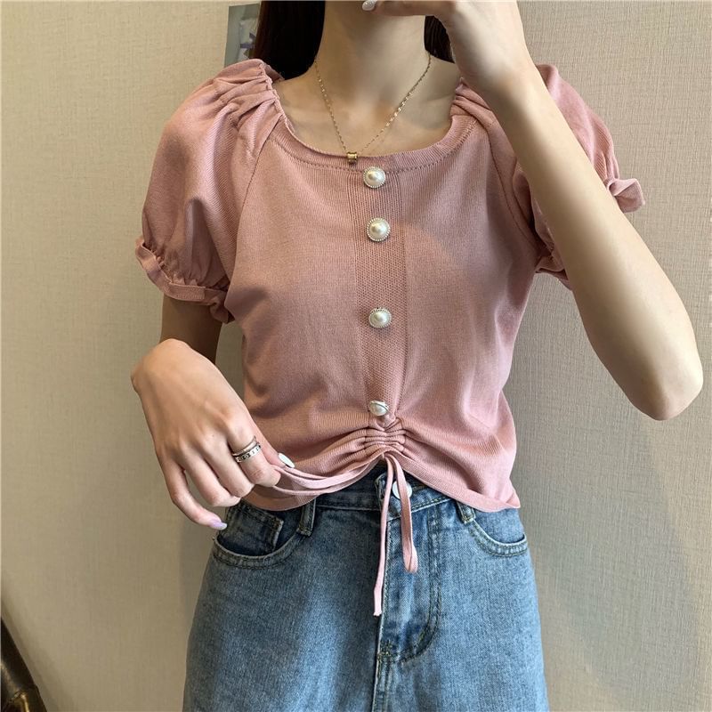 Short-Sleeve Knit Neck Button Plain Faux Square Pearl Drawstring Top