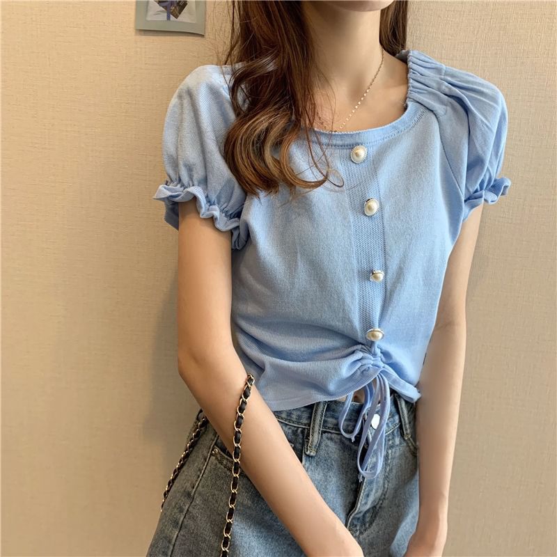 Short-Sleeve Knit Neck Button Plain Faux Square Pearl Drawstring Top