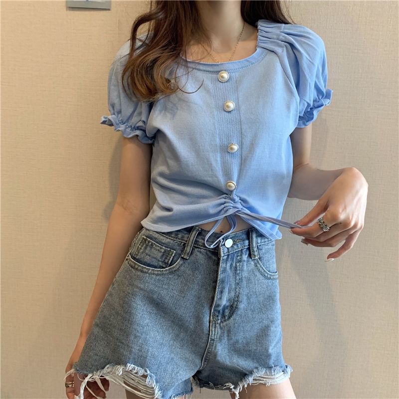 Short-Sleeve Knit Neck Button Plain Faux Square Pearl Drawstring Top