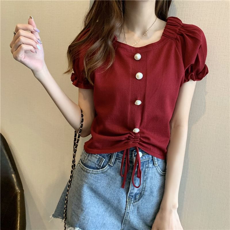 Short-Sleeve Knit Neck Button Plain Faux Square Pearl Drawstring Top