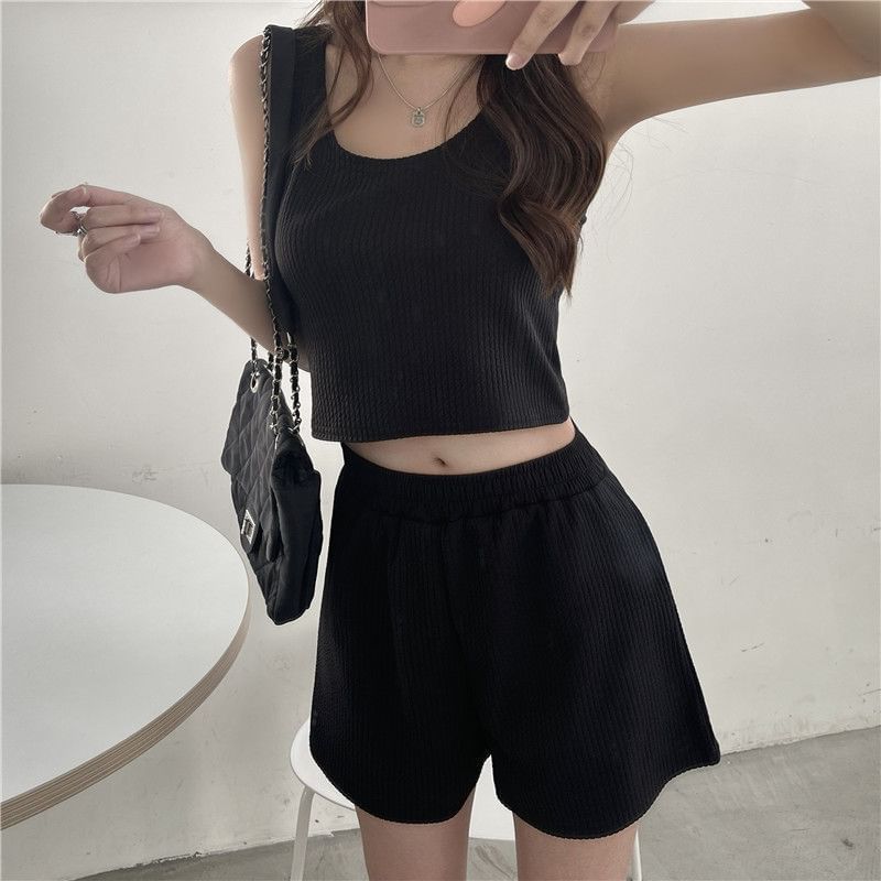 Scoop Elastic Waist Shorts + Neck Top Sweat Set: Tank Plain