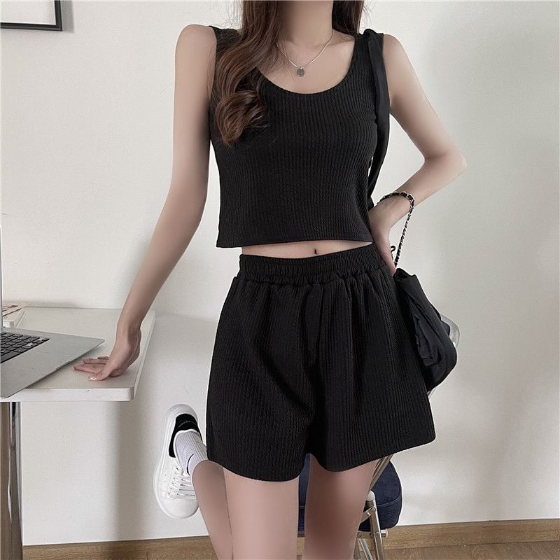 Scoop Elastic Waist Shorts + Neck Top Sweat Set: Tank Plain