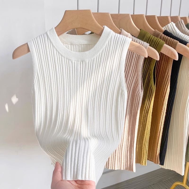 Knit Neck Top Ribbed Tank Crew Plain
