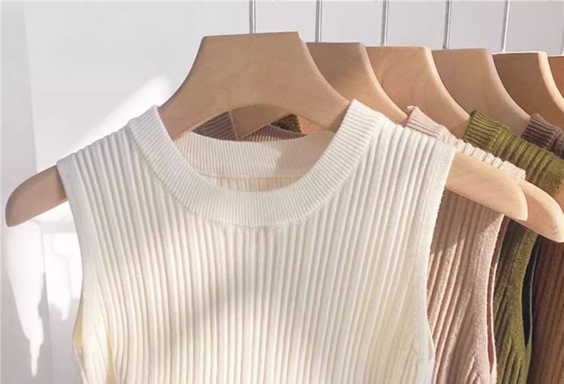 Knit Neck Top Ribbed Tank Crew Plain