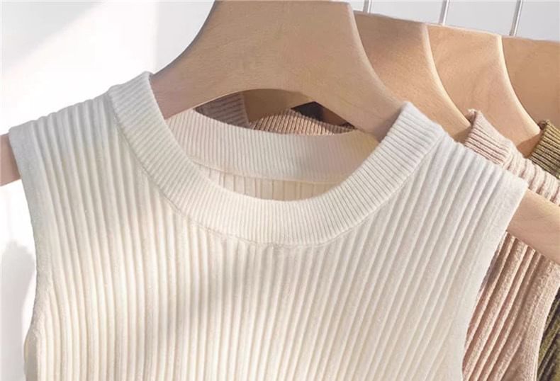 Knit Neck Top Ribbed Tank Crew Plain