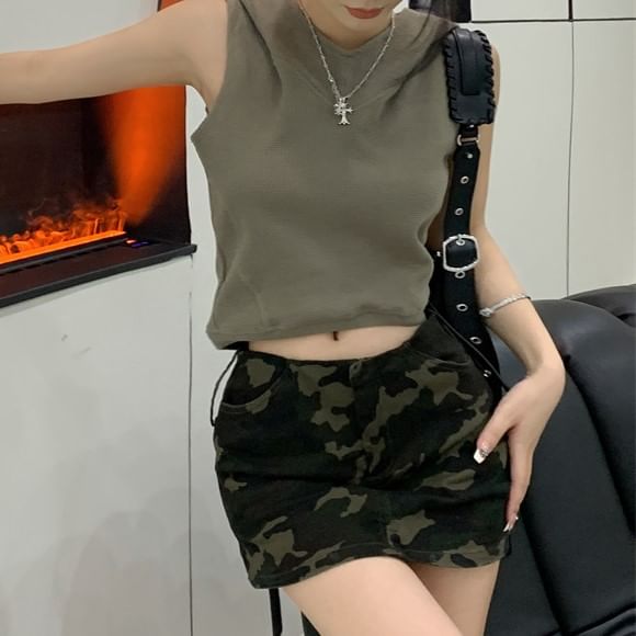 Camo Crop Top Mini / Sleeveless Print Skirt Hooded Plain