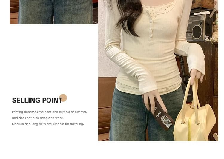 Mock Two-Piece Long-Sleeve Square Neck Floral Panel Slim Fit T-Shirt