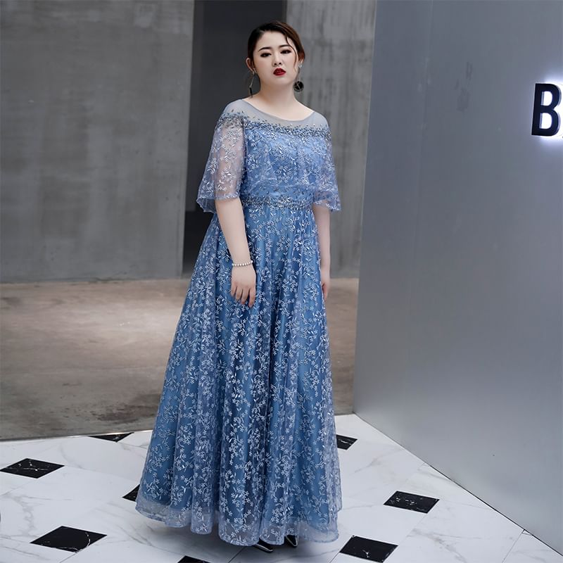 A-Line Floral Gown Plus Size Mesh Evening Elbow-Sleeve