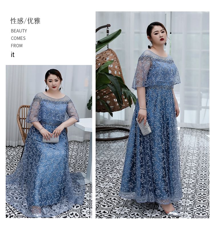 A-Line Floral Gown Plus Size Mesh Evening Elbow-Sleeve