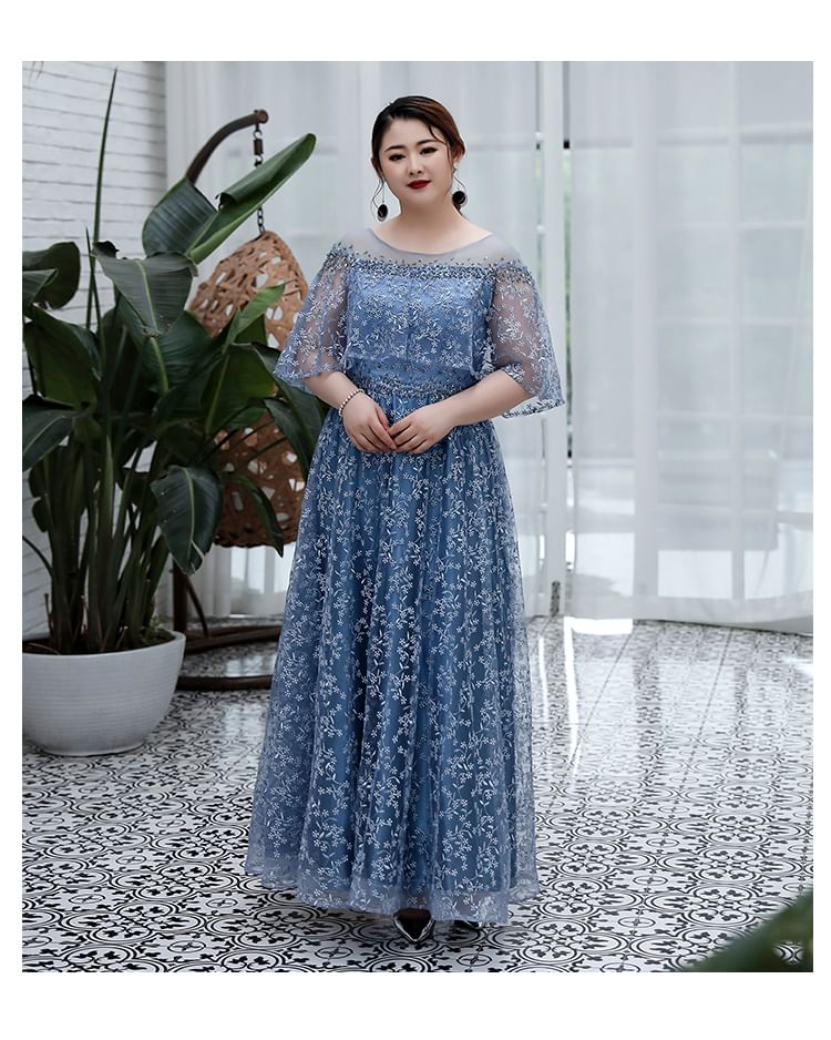 A-Line Floral Gown Plus Size Mesh Evening Elbow-Sleeve