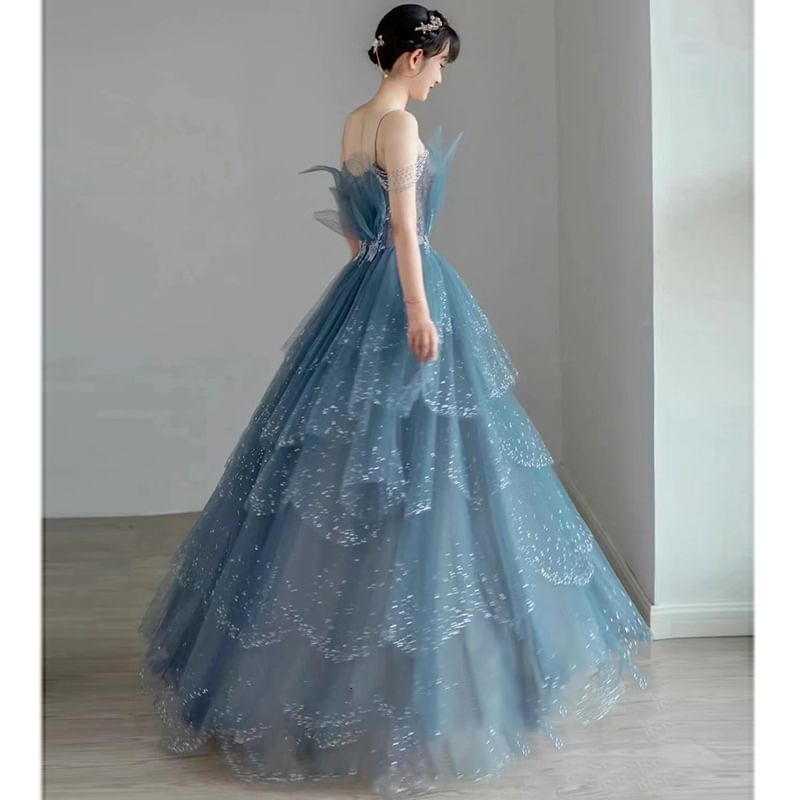 V-Neck Applique Spaghetti Gown Floral Strap Tiered Mesh A-Line Evening