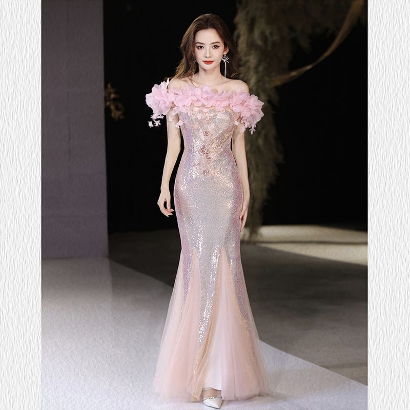 Off-Shoulder Sequin Flower Gown Mermaid Detail Evening
