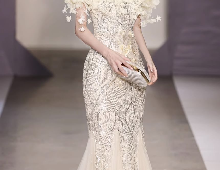 Off-Shoulder Sequin Flower Gown Mermaid Detail Evening