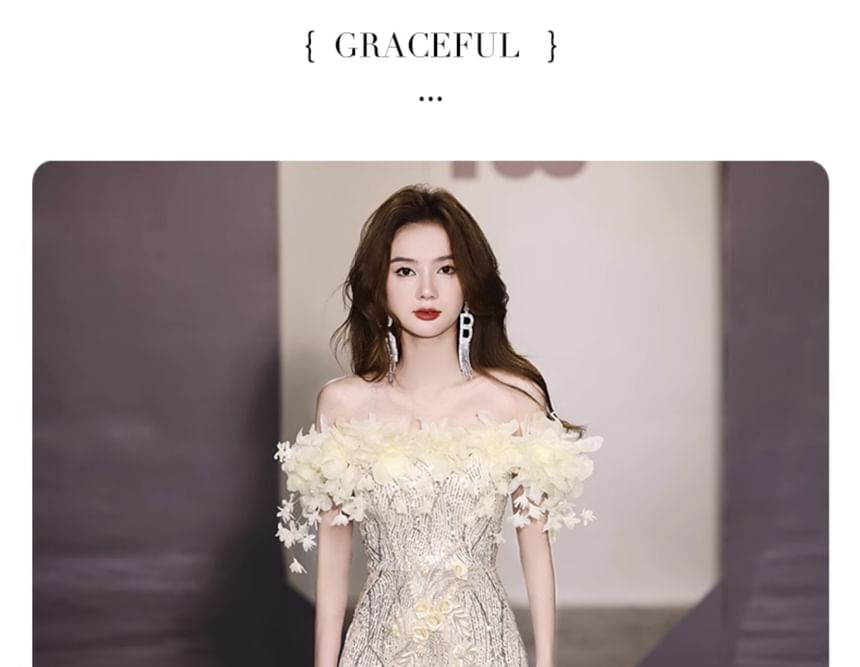 Off-Shoulder Sequin Flower Gown Mermaid Detail Evening