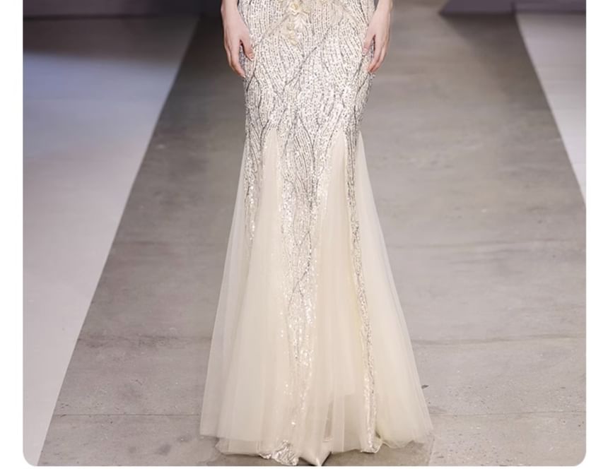 Off-Shoulder Sequin Flower Gown Mermaid Detail Evening