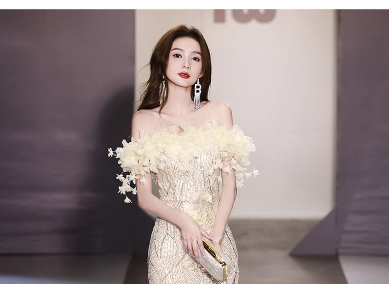 Off-Shoulder Sequin Flower Gown Mermaid Detail Evening