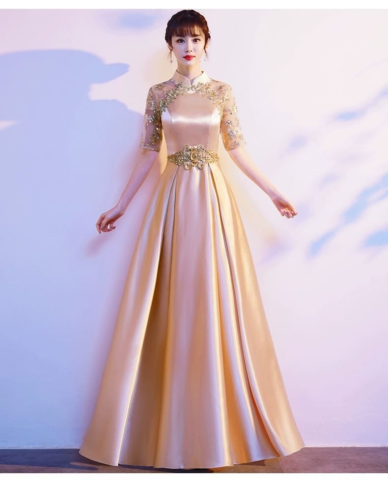 A-Line Evening Short-Sleeve Gown Sequin