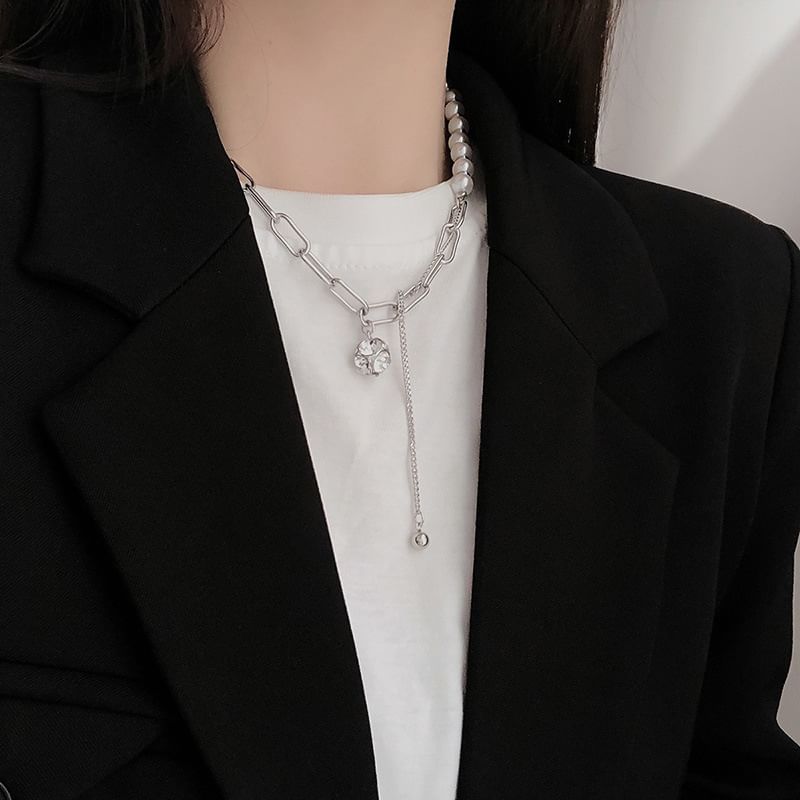 Pearl Rhinestone Chain Faux Necklace