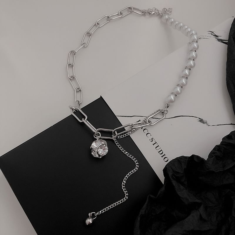 Pearl Rhinestone Chain Faux Necklace