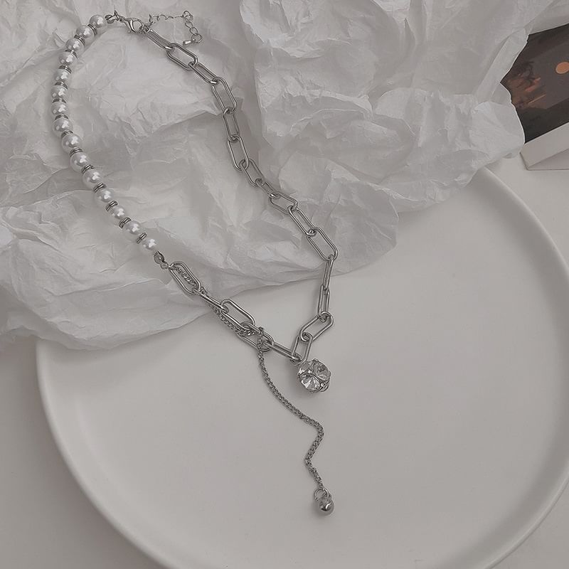 Pearl Rhinestone Chain Faux Necklace
