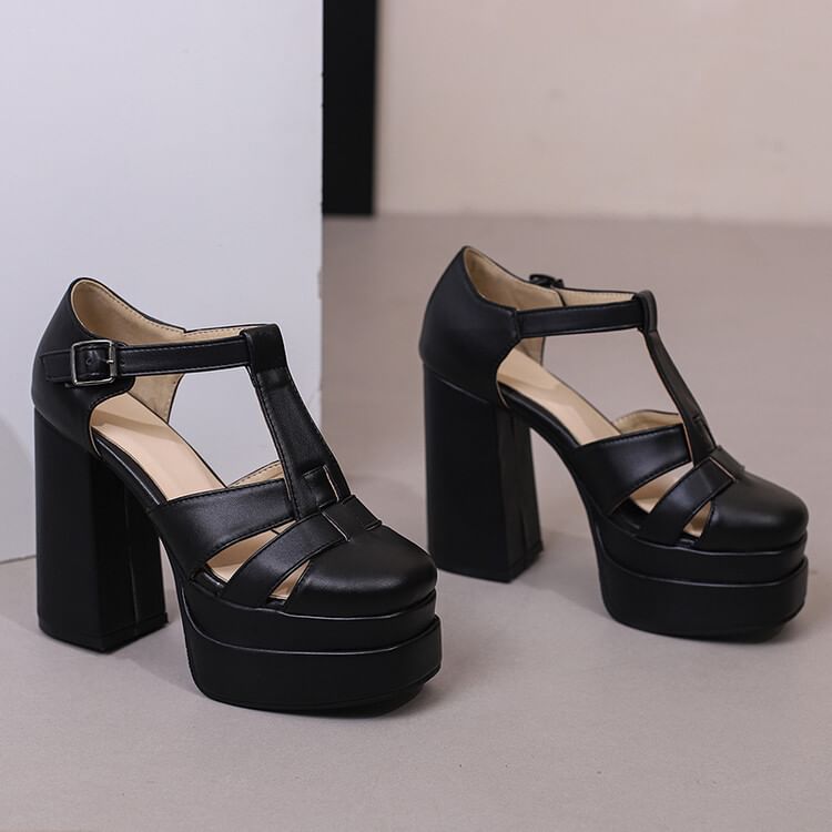 Plain Chunky Sandals Leather Faux Buckled Heel