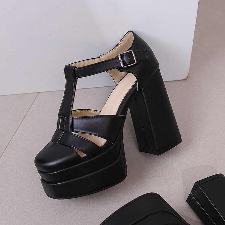 Plain Chunky Sandals Leather Faux Buckled Heel