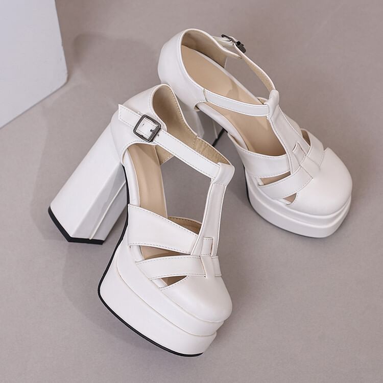 Plain Chunky Sandals Leather Faux Buckled Heel
