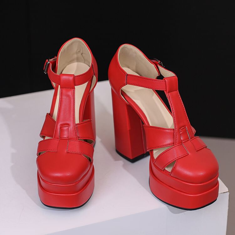 Plain Chunky Sandals Leather Faux Buckled Heel