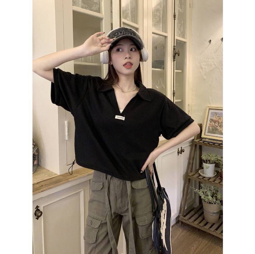 V-Neck Shirt Polo Short-Sleeve Applique Hem Drawstring
