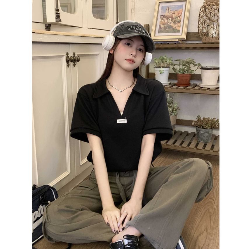 V-Neck Shirt Polo Short-Sleeve Applique Hem Drawstring