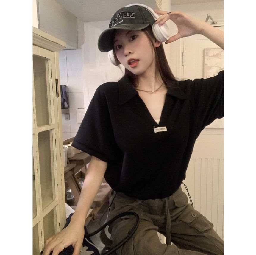 V-Neck Shirt Polo Short-Sleeve Applique Hem Drawstring