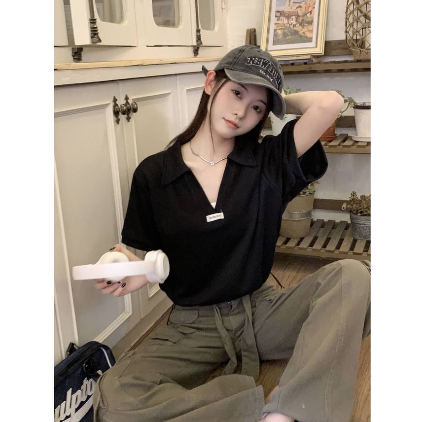 V-Neck Shirt Polo Short-Sleeve Applique Hem Drawstring