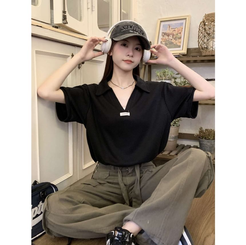V-Neck Shirt Polo Short-Sleeve Applique Hem Drawstring