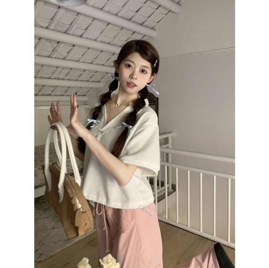 V-Neck Shirt Polo Short-Sleeve Applique Hem Drawstring