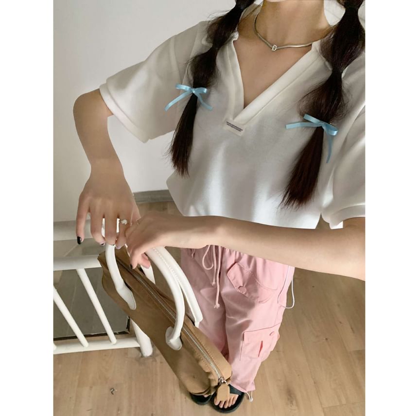 V-Neck Shirt Polo Short-Sleeve Applique Hem Drawstring